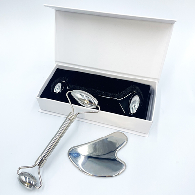 Logotipo personalizado Gua Sha Piedra Masajeador facial de acero inoxidable para cuello y cara para el hogar